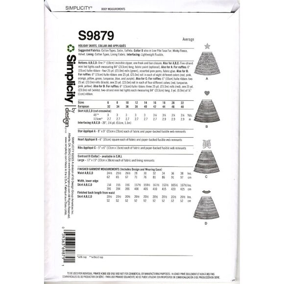 Simplicity S9879 Misses 14 to 22 Holiday Festive Skirt Uncut Sewing Pattern - Picture 2 of 2